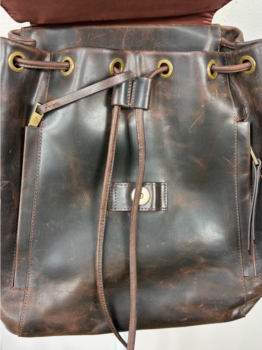 Rachel Roy Distressed Leather Drawstring Backpack Tote - Dark Brown - Picture 4 of 11